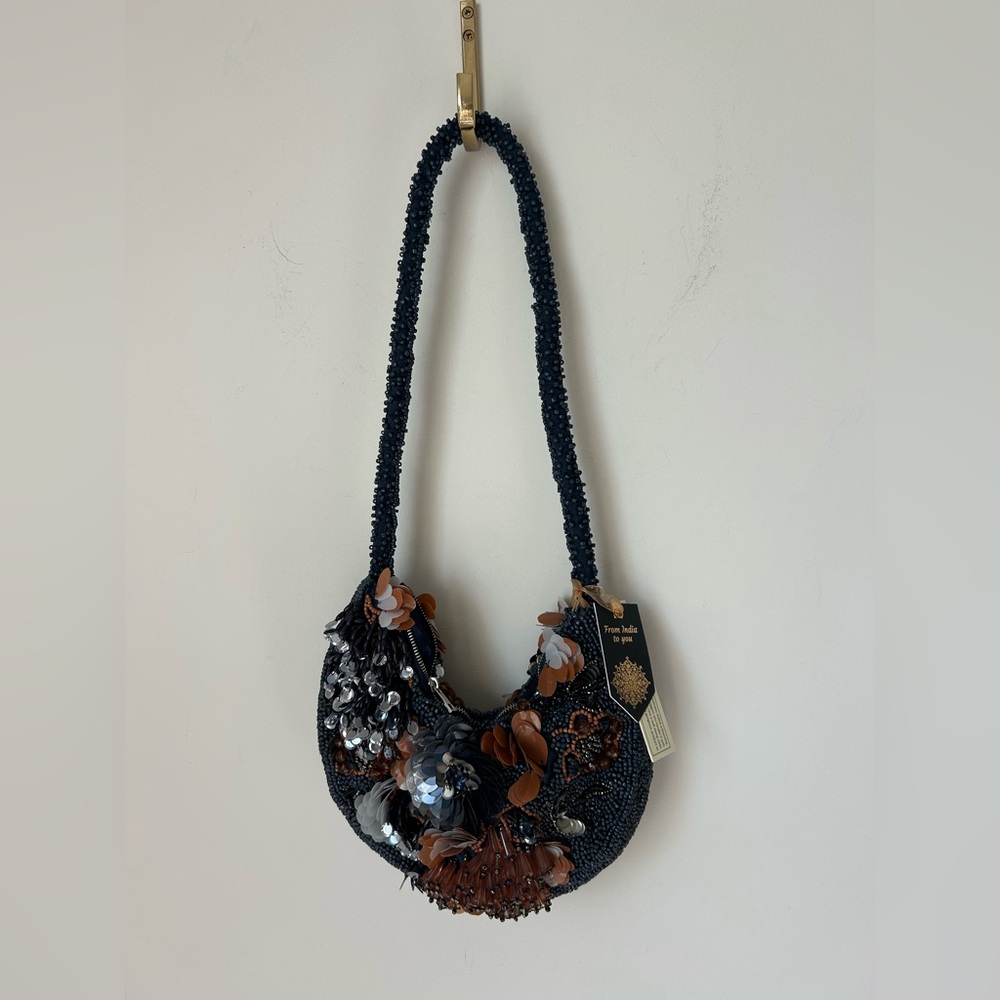 Viral beaded navy blue floral Brown sequins shoulder Bag